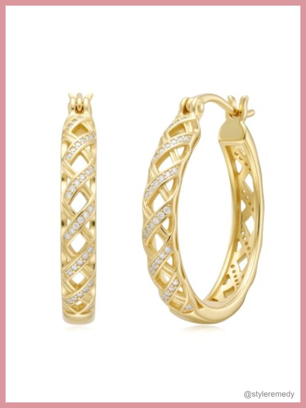 14K Gold Plated Hoop Earrings 25mm Lattice Huggie Hypoallergenic Lightweight